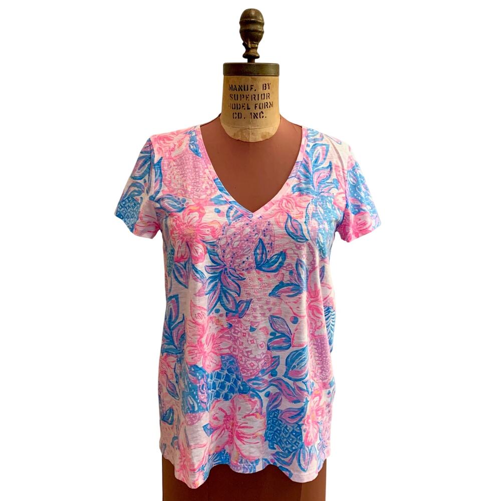 NWT Lilly Pulitzer Etta Top V Neck Sz S Pink Isle Snappy Turtle Coastal Vacation